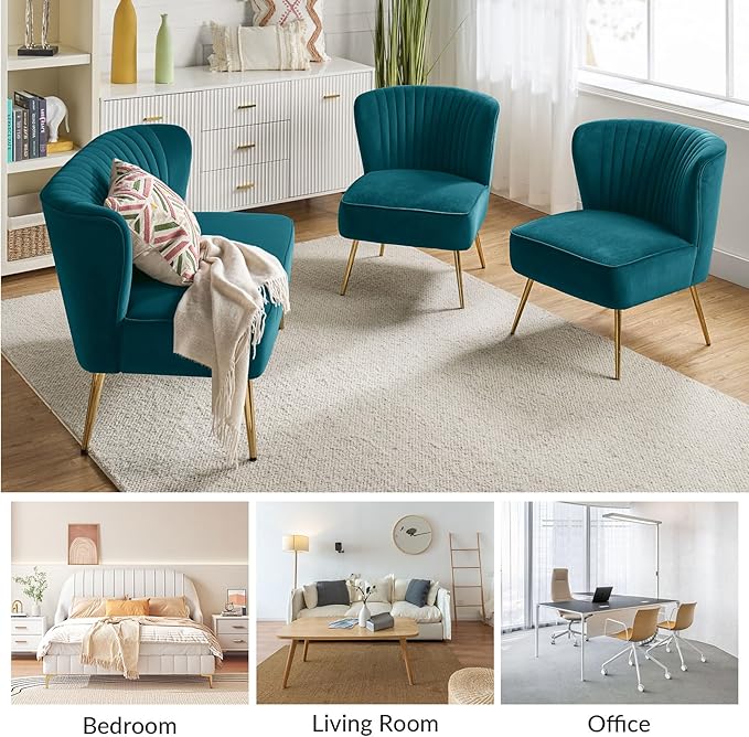 HULALA Home 3 Piece Velvet Living Room Furniture Set, Modern Comfy Upholstered Chair Set with Golden Legs, Include Loveseat & 2 Accent Chairs for Bedroom, Teal Tufted 2-Seater Sofa & Armless Chairs