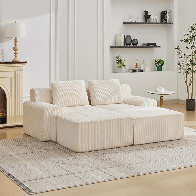 Modular Sectional Sofa with Movable Ottoman, 2 Seat Deep Seat Couch with 2 Pillows, Comfy Cloud Sectional Sofa for Living Room, Bedroom and Apartment (White, 1 Left+1 Right+2 Ottoman)
