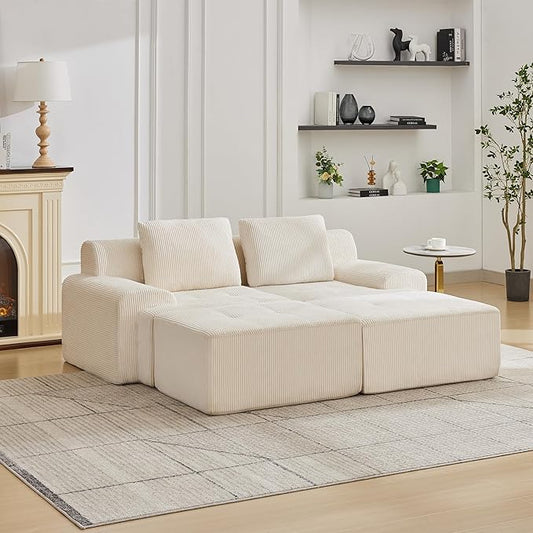 Modular Sectional Sofa with Movable Ottoman, 2 Seat Deep Seat Couch with 2 Pillows, Comfy Cloud Sectional Sofa for Living Room, Bedroom and Apartment (White, 1 Left+1 Right+2 Ottoman)