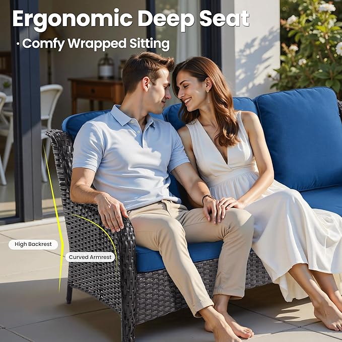ovios 5-Piece Patio Furniture Set with Swivel Chairs Coffee Table, Outdoor Wicker Sofa with 42" Fire Pit Table, High Back Couch Modern Conversation Sets, Brown/Navy Blue
