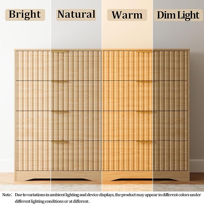 8 Drawer Dresser and Nightstand Sets for Bedroom, Modern Fluted 3 Pcs Bedroom Dresser Furniture Sets, Wood Chest of Drawers and Nightstand Set of 2 with Metal Handles, Natural Oak