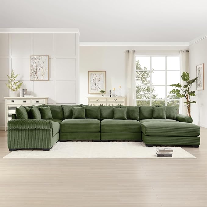 KEIKI 146" U-Shaped Oversized Corduroy Modular Cloud Sectional Sofa with 1 Ottoman, High-Density Foam Cushion, Extra-Thick Armrest, 5-Seater Fluffy Corner Couch with 18 Pillow, for Living Room, Green