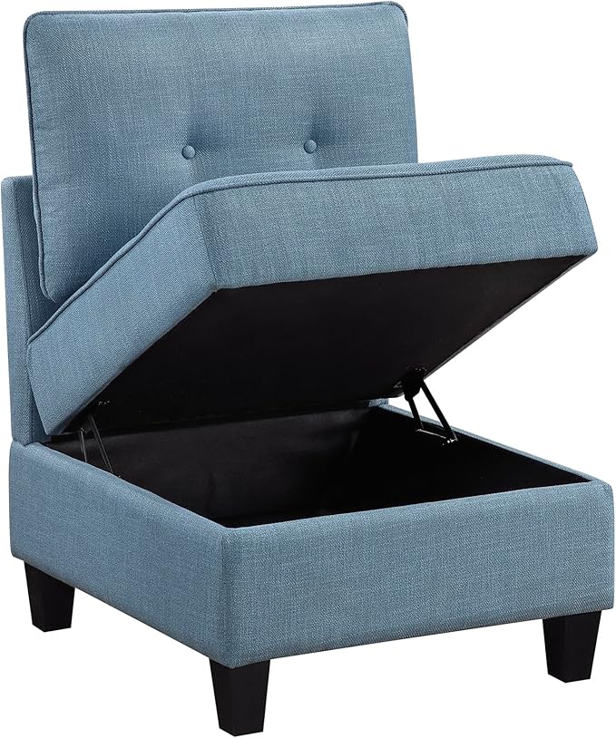 Lexicon Modern Modular Armless Chair with Hidden Storage, Textured Fabric Chair with Button-Tufted Design, Reversible Back Cushion for Living Room/Bedroom/Office, Blue