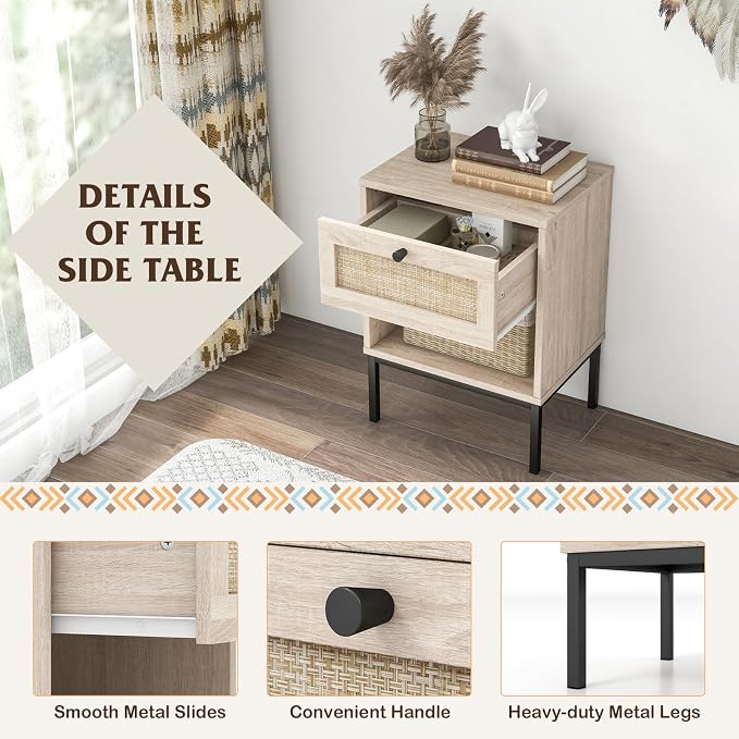 Giantex Rattan Nightstand with Drawer, Boho Side Table with 4 Metal Legs and Open Storage Shelf, Farmhouse Wood Night Stand for Small Spaces, 2 Tier Bedside Table for Bedroom Office, Oak - Image 4