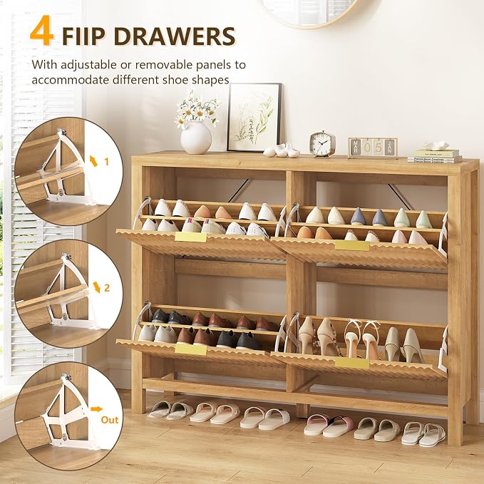 YOMILUVE Shoe Cabinet Storage for Entryway, Fluted Shoe Cabinet with 4 Flip Drawers, Hidden Shoe Rack Freestanding Wooden Shoe Organizer with Legs for Hallway, Oak - Image 4
