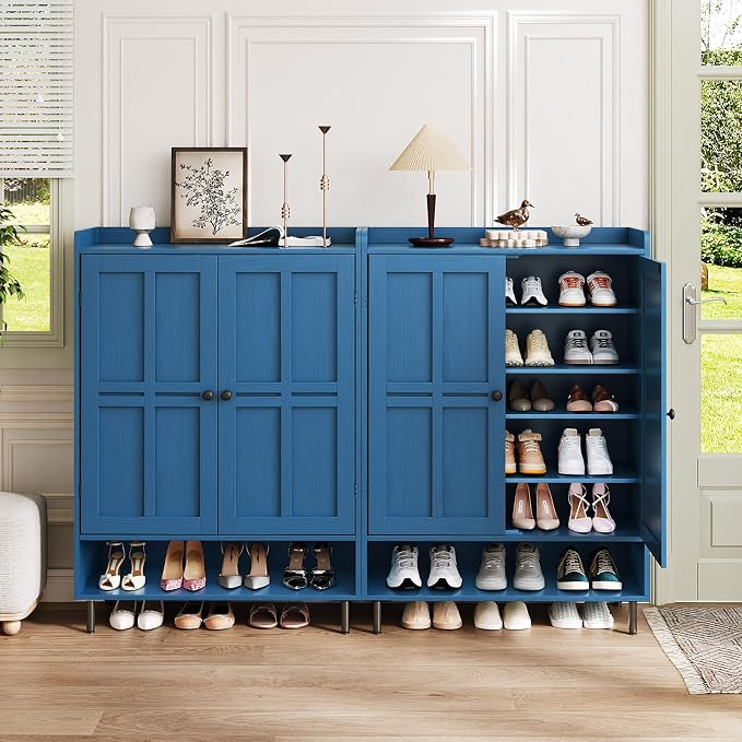 ComfyCorner Blue 7+1 Tier Farmhouse Shoe Storage Cabinet - 45" Tall Entryway Organizer with Cross Molding Doors, 3 Adjustable Shelves & Metal Legs, Shoe Rack for Front Door Entrance - Image 8