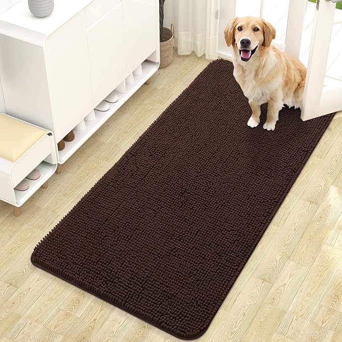 OLANLY Dog Door Mat for Muddy Paws 47x24, Absorbs Moisture and Dirt, Absorbent Non-Slip Washable Doormat, Quick Dry Chenille Mud Mat for Dogs, Entry Indoor Entryway Carpet for Inside Floor, Brown by OLANLY