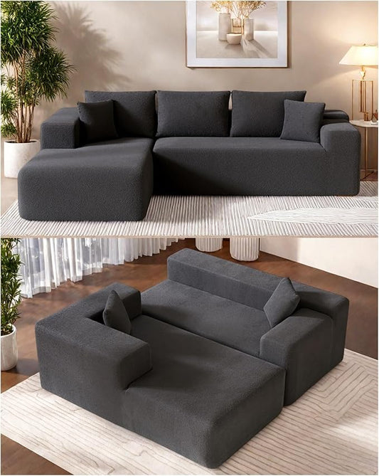 L-Shape Cloud Sectional Sofa, 104” Modern Modular Boneless Couch with Right Chaise Lounge, Compressed Floor Sofa with Pillows & Deep Seat, Flannel Velvet Couch for Living Room, Dark Gray