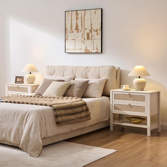 SICOTAS 26.7" Wide Boho Rattan Nightstand, White Oak Bedside Table with 2 Drawers & Open Shelf, Large Side Table for King Size Bed, Modern Coastal Accent Table for Bedroom - Image 3
