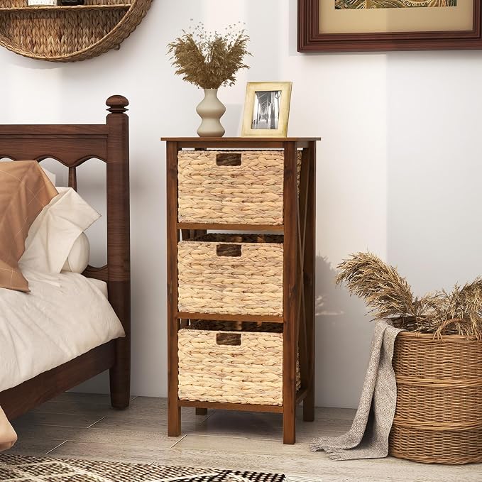 Giantex 3-Tier Nightstand with 3 Wicker Baskets, Wooden X-Design Side Table End Table, Beside Table with Acacia Wood Legs, Mid Century Accent Storage Cabinet for Small Spaces, Bedroom, Walnut - Image 8