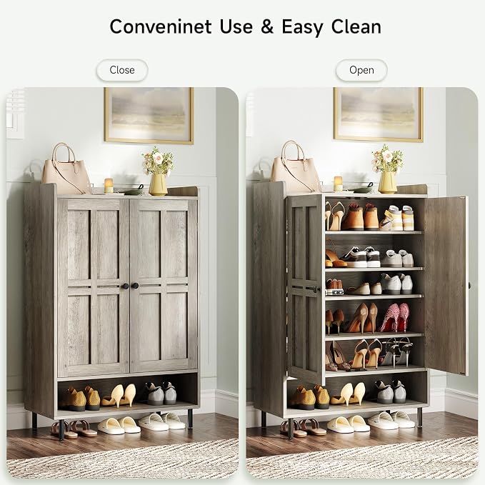 ONBRILL Shoe Cabinet with Cross Molding Doors, 6-Tier Shoe Storage Cabinet with 3 Adjustable Shelves and Metal Legs, 45'' Tall Shoes Rack Organizer Cabinet for Entryway, Front Door, Gray Wash - Image 7