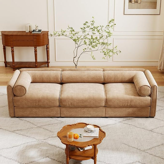 KEIKI 109" Oversized Modular Chenille Sectional Sofa with Storage Seat, Modern Style 3-Seater Couch with Cylindrical Backrest and Armrests, Easy Assembly, for Apartment, Living Room, Camel