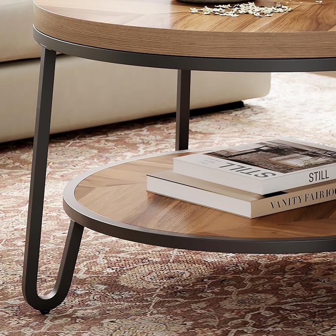 32" Round Coffee Table, Wood Coffee Table for Sectional Sofa with 2-Tier Storage Shelves, Farmhouse Center Table with Wood Grain Desktop, Easy to Assemble