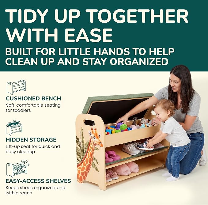 Kids & Toddler Shoe Rack with Bench Seat: Solid Pine Wood 2-Tier Shoe Organizer with Hidden Storage - Safari Giraffe Design Kids Furniture - Cushioned Seat, Rounded Safety Corners, Easy Assembly - Image 5