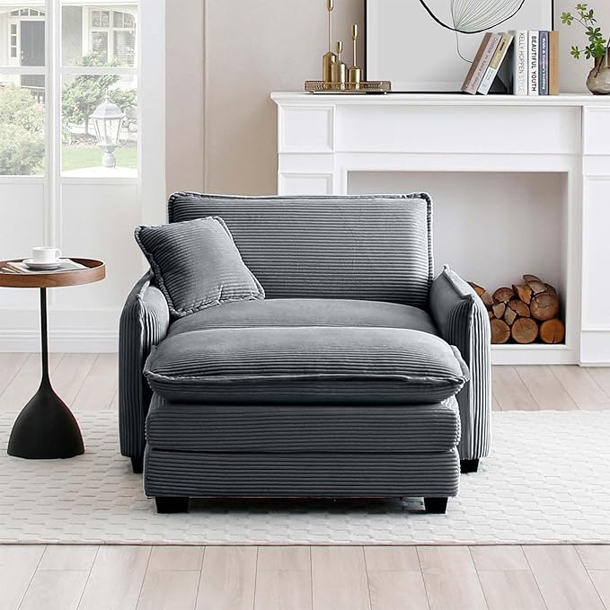 KEIKI 46" Oversized Corduroy Modular Sectional Single Sofa with 1 Ottoman, High-Density Foam Cushions, Removable Armrest, Upholstered 1-Seater Lounge Accent Chair with 1 Pillow, for Living Room, Grey