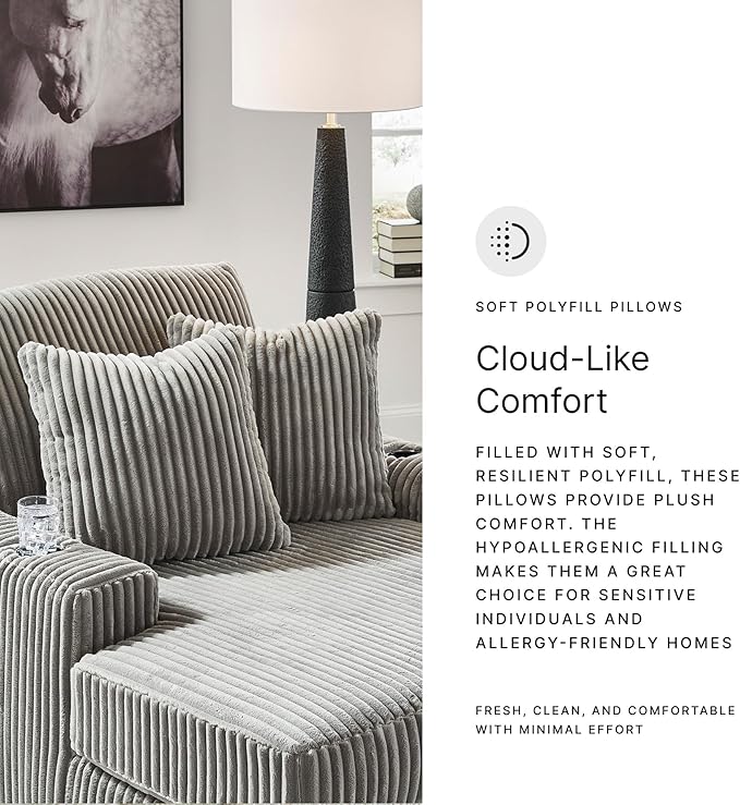 Signature Design by Ashley Lindyn Contemporary Chaise with USB Charging Ports, 2 Cup Holders and Throw Pillows, Gray