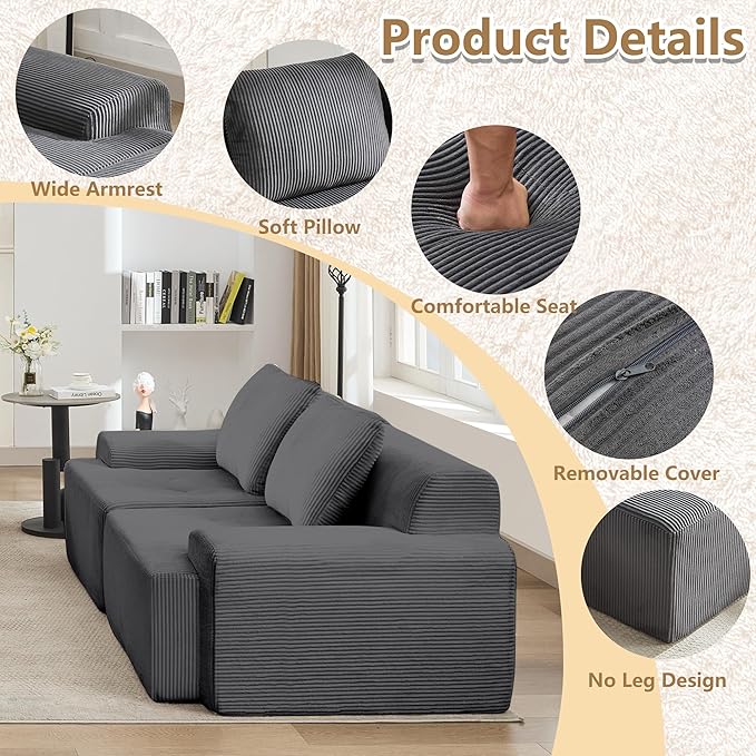 KIGOTY Modular Sectional Sofa, 4 PCS Comfy Cloud Sectional Couch with Deep Seat, Sleeper Sofa Bed with Ottoman, Modern Boneless Couch for Living Room, No Assembly Required,Grey