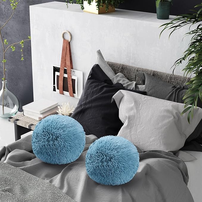 2 Pack Plush Round Ball Throw Pillow 10 Inch Nordic Soft Boucle Pillows Spherical Fuzzy Pillows Circle for Couch Sofa Bed Bedroom Living Room Office School Chair Decorations(Blue)