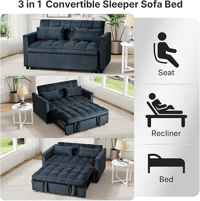 Rovibek 3 in 1 Sleeper Sofa Bed, 53'' Pull Out Couch Convertible Futon Loveseat with Adjustable Backrest, Velvet Sleeper Chaise Lounge Futon for Apartment Office Small Space, Black