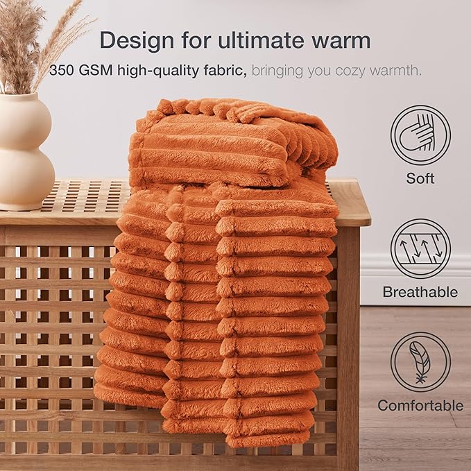 EXQ Home Fall Throw Blanket for Couch or Bed - 3D Stripe Jacquard Decorative Fleece Blankets - Cozy Soft Lightweight Fuzzy Flannel Blanket Suitable for All Seasons(50"??60",Orange)