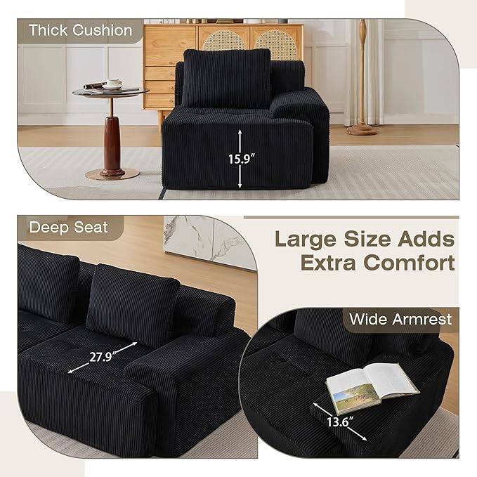 Modular Sectional Sofa, Boneless Couches for Living Room, Corduroy Couch, Big Comfy Couch, Modular Cloud Sofa with Deep Seat (Black, 1 Piece-Right Armchair)
