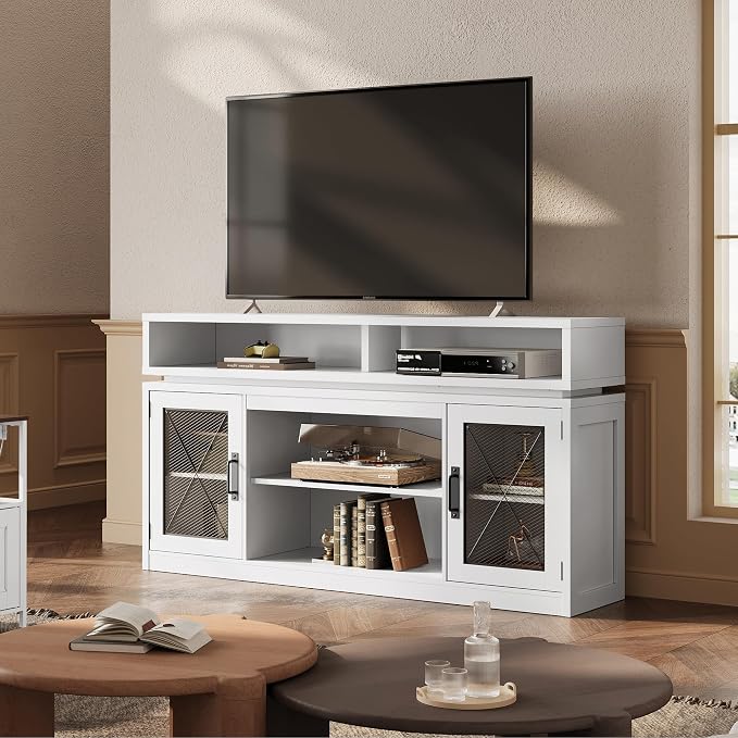 WLIVE Farmhouse TV Stand for TVs Up to 65 Inches, Tall Entertainment Center with Storage Cabinets & LED Lights, Media Console for Living Room, Bedroom, Home Theater, White - Image 2