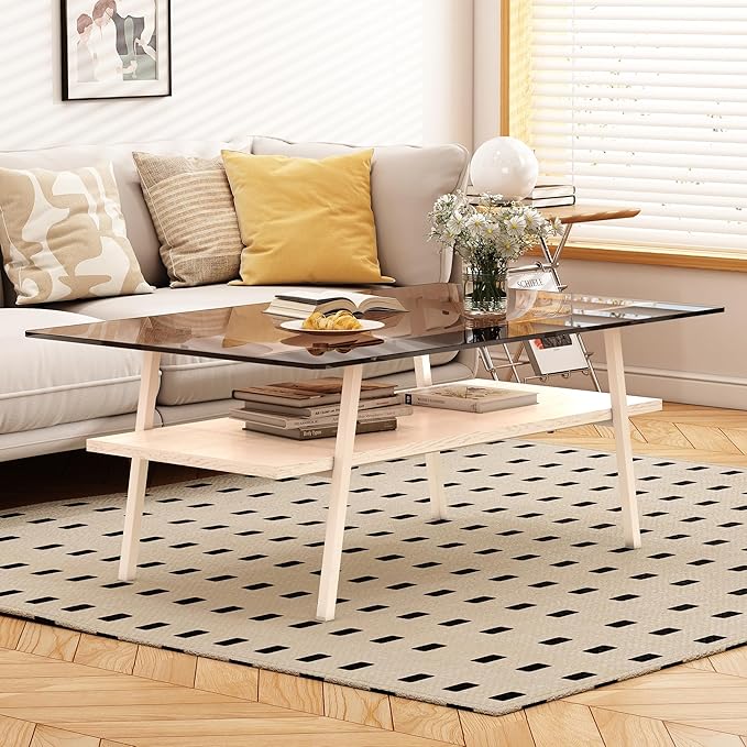 IANIYA Glass Coffee Table for Living Room Small Gold Mid Century Coffee Table for Living Room with Wood Shelves (White Frame, Brown Glass + White Wood)