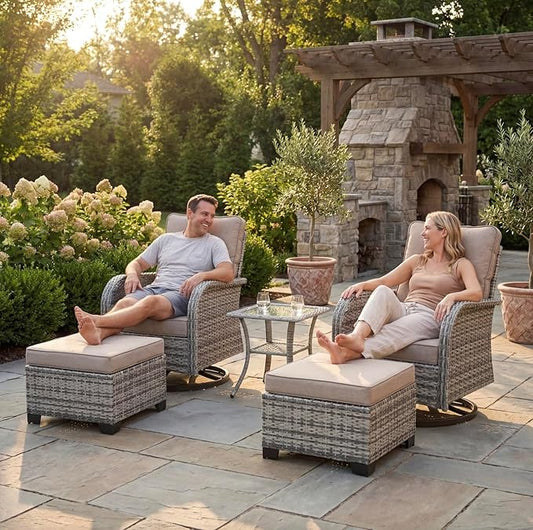 Outdoor Patio Furniture Set Patio Rocking Swivel Chair with Tempered Glass Side Table, Outdoor Wicker Rattan Bistro Set with Ottomans for Garden, Deck, and Balcony, Beige
