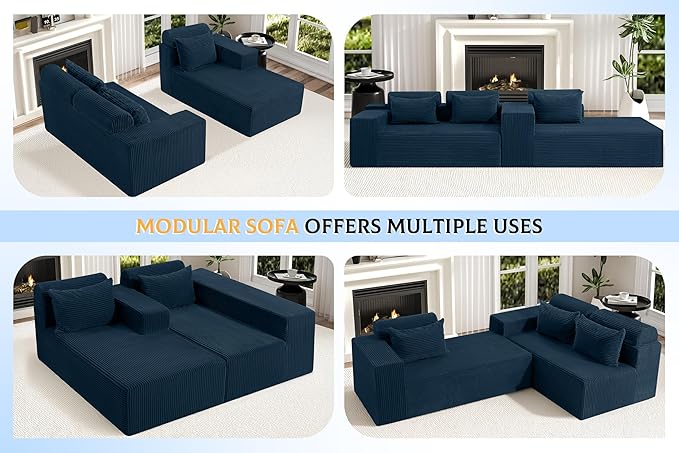 Homguava Modular Sectional Couches for Living Room,105" Cloud Couch with L-Shape Chaise,Comfy Sofa Living Room Sofas with Deep Seat,No Assembly L Couch,Corduroy Fabric(Blue,R)