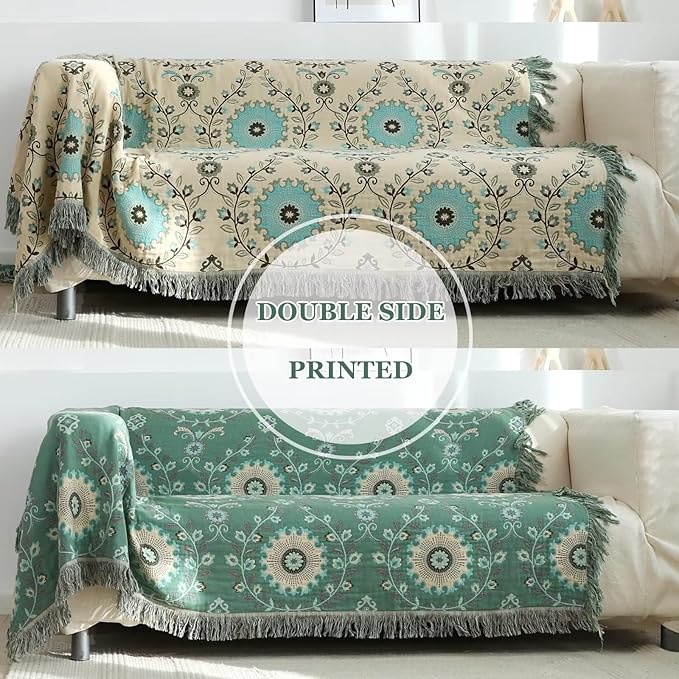 Boho Throw Blanket for Bed 100% Cotton Ultra Soft Rustic Quilt Spring Blanket Floral Printed Farmhouse Decor Bed Blankets,90"x98" All Season Rustic Throw for Sofa Couch Chair