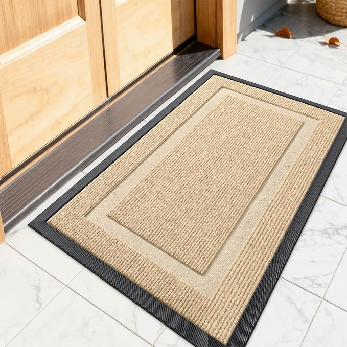 OLANLY Front Door Mat Indoor Outdoor Entrance, Waterproof All-Season, All-Weather Doormat, Sturdy Natural Rubber, Fade Resistant, Low Profile, Easy Clean Patio Porch Entryway Mat, 23.5x15.5, Beige by OLANLY