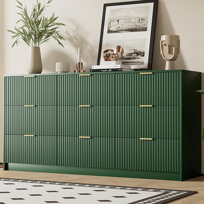 Furniway Green Dresser Bedroom Set 3 Pieces, Nightstands Sets of 2, 9 Drawer Dresser with Gold Handles for Bedroom