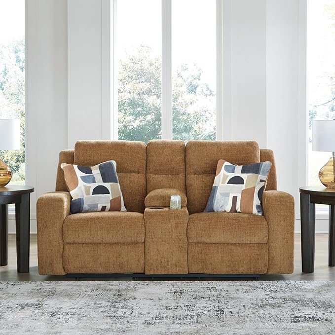 Signature Design by Ashley Kanlow Contemporary Manual Double Reclining Loveseat with Console, Storage, Cup Holders and 2 Accent Pillows, Light Brown