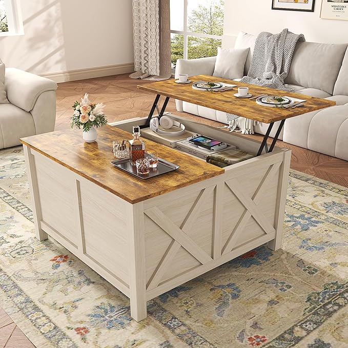 Lift Top Coffee Table with Storage, 31.5" Farmhouse Coffee Tables with Wooden Lift Tabletop and Hidden Compartment Square Center Table for Living Room, Home Office Small Space, White