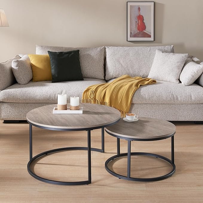 CENSI Round Nesting Coffee Table Set of 2, 31.5" Modern Grey Wash Oak Wood & Metal Frame, Industrial Circle Stacking Accent Tables for Living Room, Rustic Farmhouse Decor, Easy Assembly