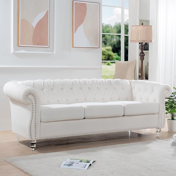 ERYE 84.5-Inch Classic 3 Seat Chesterfield Sofa Couches for Living Room Bedroom, 3 Seaters Button Tufted Teddy Fabric Upholstered Chesterfield Sofa Couch,Acrylic Legs | Button Tufted, Easy to Assemble, Nailhead, Removable Cushion
