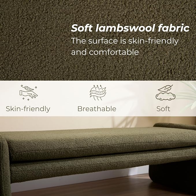 ROCITY Green Boucle Bench 50" Sherpa End of Bed Bench Modern Upholstered Bench for Bedroom Entryway Living Room Vanity Makeup Room, Teddy Fabric Bench with Seating - Image 4