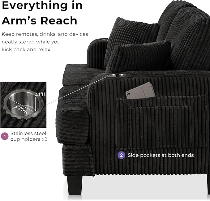 Homes: Inside + Out Reese Modern Plush Chenille Comfortable Loveseat with Side Pockets, Cup Holders and Pillows, Wooden Soft Couch for Living Room, Bedroom and Office, Dark Grey