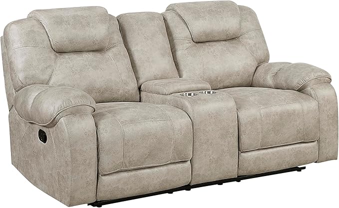 Lexicon Manual Double Reclining Loveseat, Polished Microfiber Manual Wall Hugger Loveseat Recliner for Living Room, Center Storage Console/Cup Holders/Pillow Top Arm, Easy Assembly, Pewter