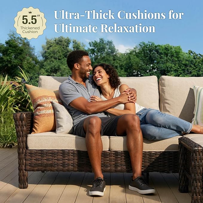 6-Piece Wicker Patio Furniture Set with Swivel Chairs, High Back Outdoor Furniture with 57'' Fire Pit Table and Ottoman, All-Weather Wicker Patio Conversation Set for Deck Yard Pool, Beige