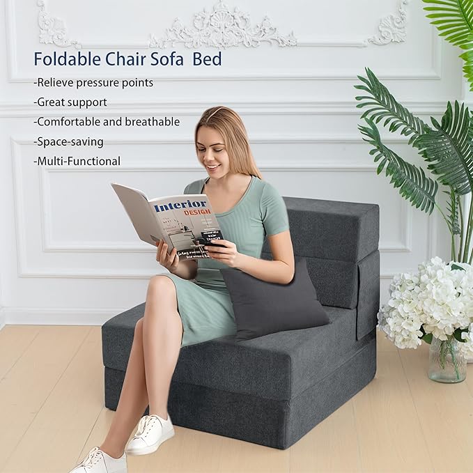 Folding Sofa Bed Chair with Pillow,Convertible Fold Out Chair Bed Sleeper,Foam Floor Mattress, Foldable Futon Couch Bed for Living Room/Dorm/Guest/Office (Grey, Single)