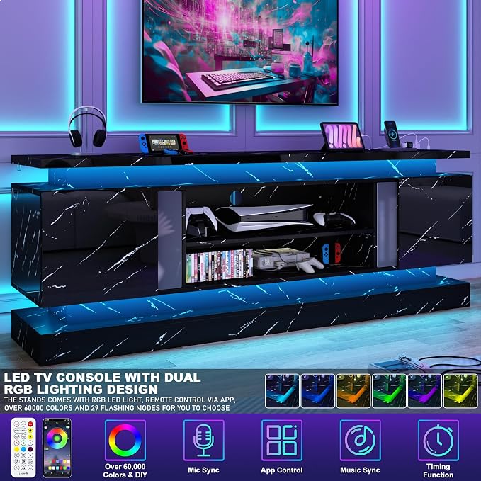 chartustriable 71IN LED TV Stands w/Power Outlet for 85/80/75 Inch TVs,High Gloss Modern Tall Entertainment Center TV Media Console Gaming w/2 Storage Cabinets,Dual LED Lights,Black Marble - Image 5