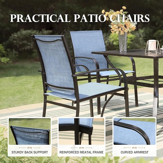 HERA'S HOUSE Outdoor Dining Set, Rectangle Metal Table with Double Umbrella Hole and 6 Armrest Chairs, Patio Table and Chairs for Backyard Garden Porch Deck (Blue) - Image 7