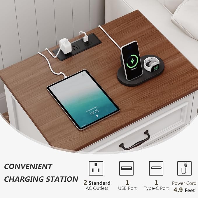 Farmhouse Nightstand with 3 Drawers,Wood Night Stand with Charging Station Modern End Side Table for Bedroom Bedside TableStorage Cabinet Small Dresser Chest of Drawers for Bedroom (1, White Brown) - Image 4