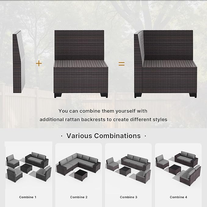 Gotland 7 Pieces Patio Furniture Set with 55000BTU Fire Pit Table, Wicker Patio Set with Wide Armrests 29.5'' High Backrest Thick Cushions 1 Coffee Table, Outdoor Furniture for Porch Deck Gray