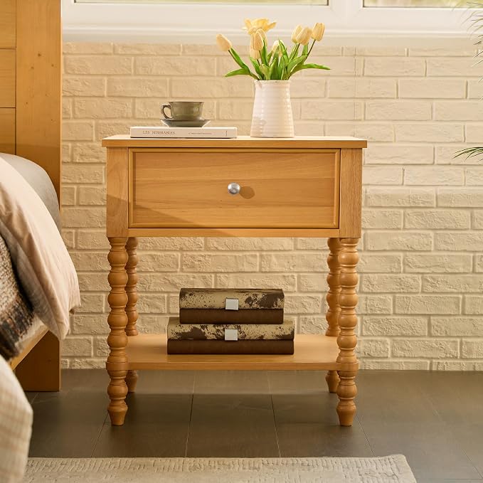 AMERLIFE 24" Wood Nightstand, Vintage Bedside Table for Bedroom, Solid Wood Night Stand with Turned Legs, End Table with Drawer & Open Shelf, Large/Tall Nightstand, Natural Finish - Image 8