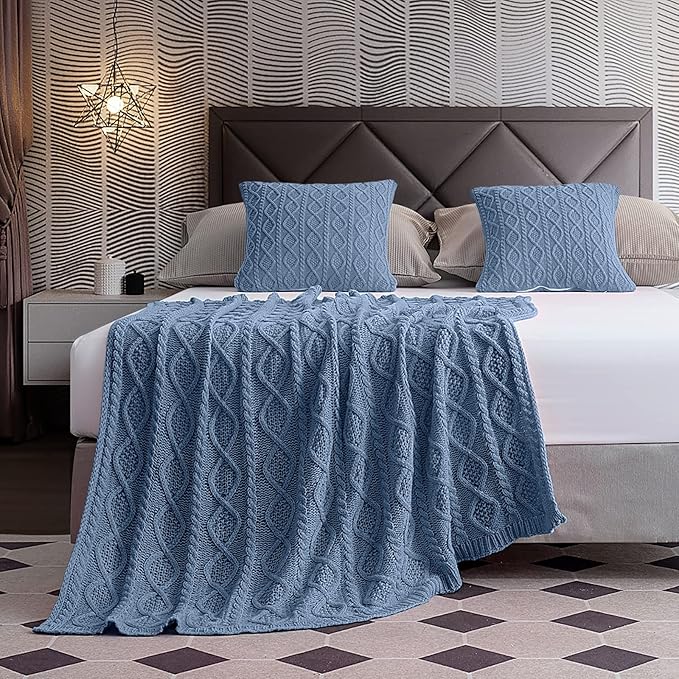 Homiest Cable Knit Throw Blanket and Pillow Set, Grayish Blue Throw Blanket Set of 3, Knitted Throw Blanket (50"x60") & 2 Pillow Covers (18"x18"), Soft & Cozy Decorative for Couch Sofa Bed