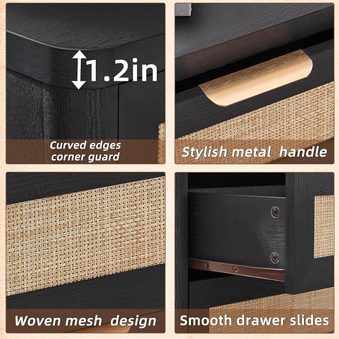 LEYAOYAO Rattan Night Stand with Charger Station, 23" Large 3 Drawer Boho Nightstand, Black Bedside Table Storage Cabinet, Bed Side End Tables for Bedroom, Living Room, Hallway - Image 6