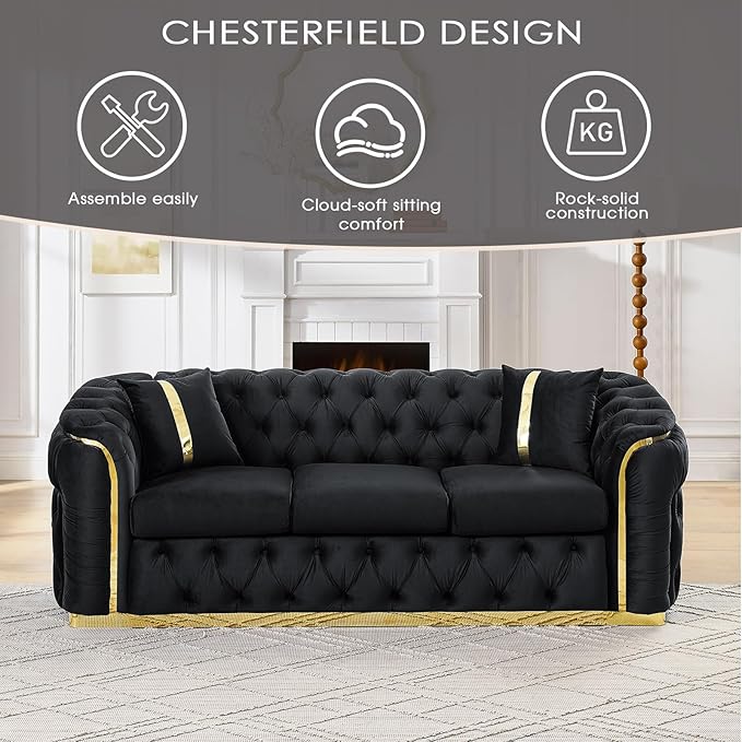 KEIKI 2-Piece Luxury Chesterfield Sofa Set with 2 Oversized Velvet 3-Seater Sofa, Upholstered Modern 6-Seater Button Tufted Couch Set with 4 Pillow, Gold Stainless Decoration, for Living Room, Black