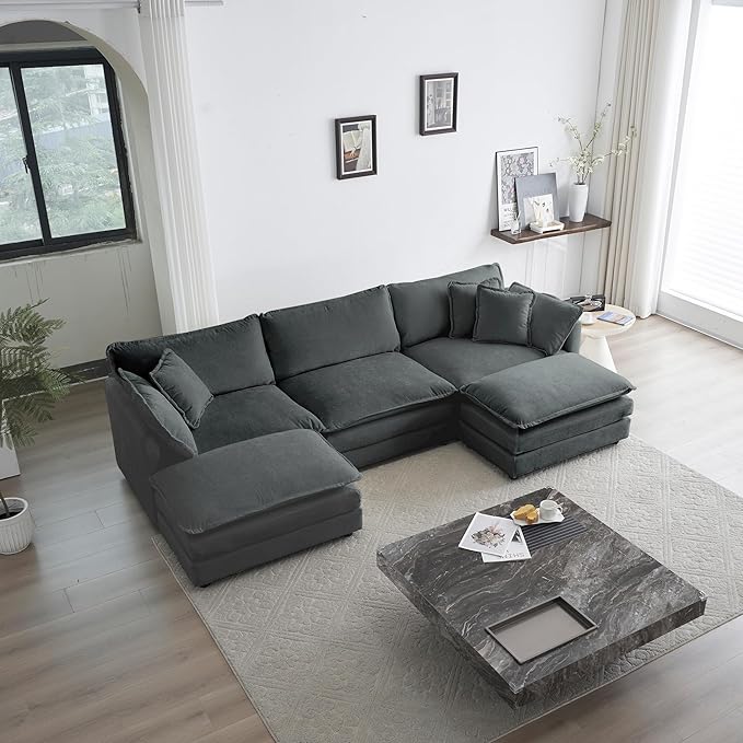 KEIKI Combination Sofa, Upholstered 5 Seater Couch, Oversized U Shaped Sectional Sofa with Reversible Ottoman for Living Room Bedroom Office, Gray